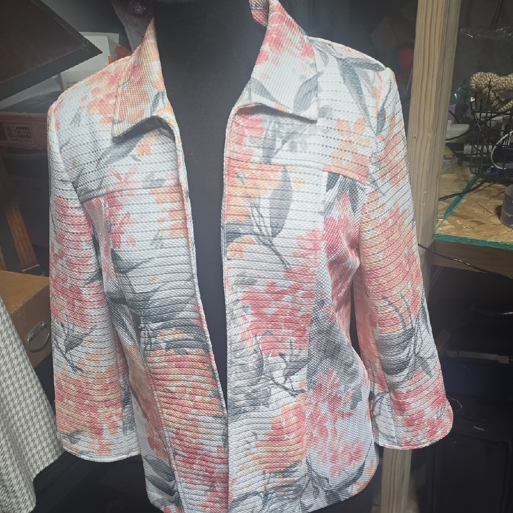 Alfred Dunner Floral Open-Front Jacket in Pink and Gray